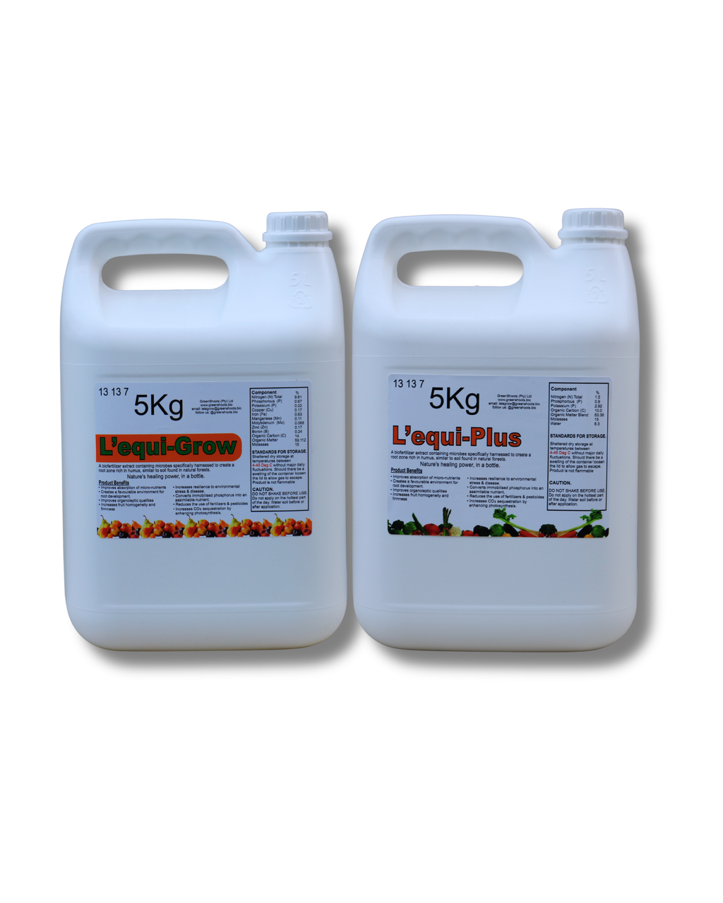 Two 5kg white containers labeled 'Léqui-Grow' and 'Léqui-Plus' 