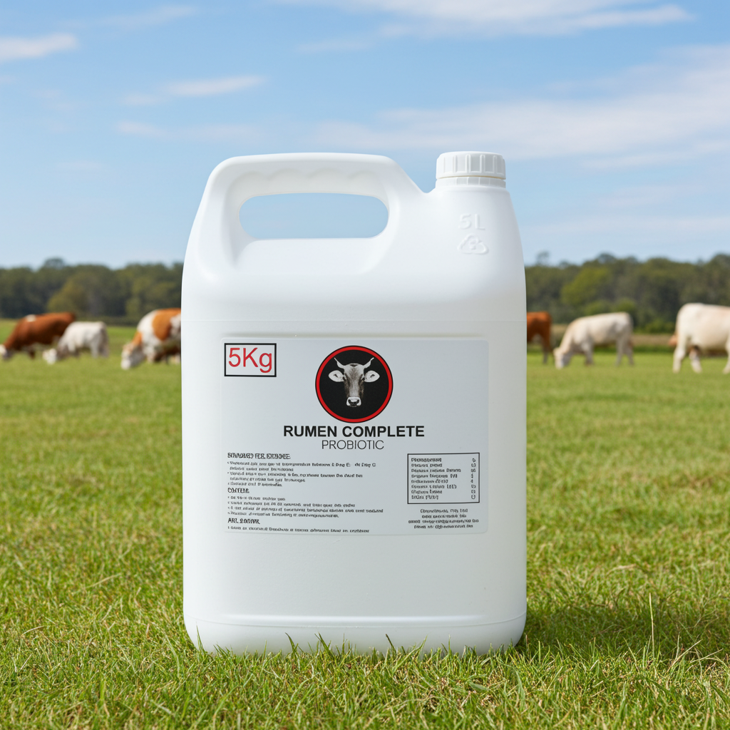 5Kg Rumen Complete Probiotic container on a grassy field with cows in the background