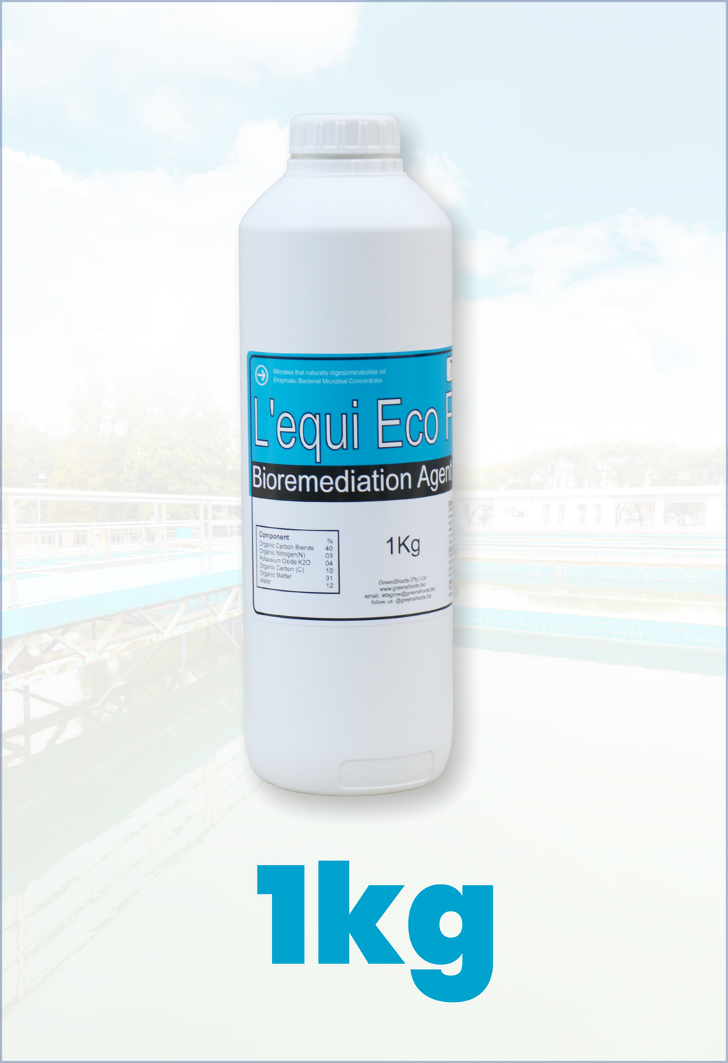 Bottle of L'equi EcoFlush Bioremediation Agent with a blue label on a white background