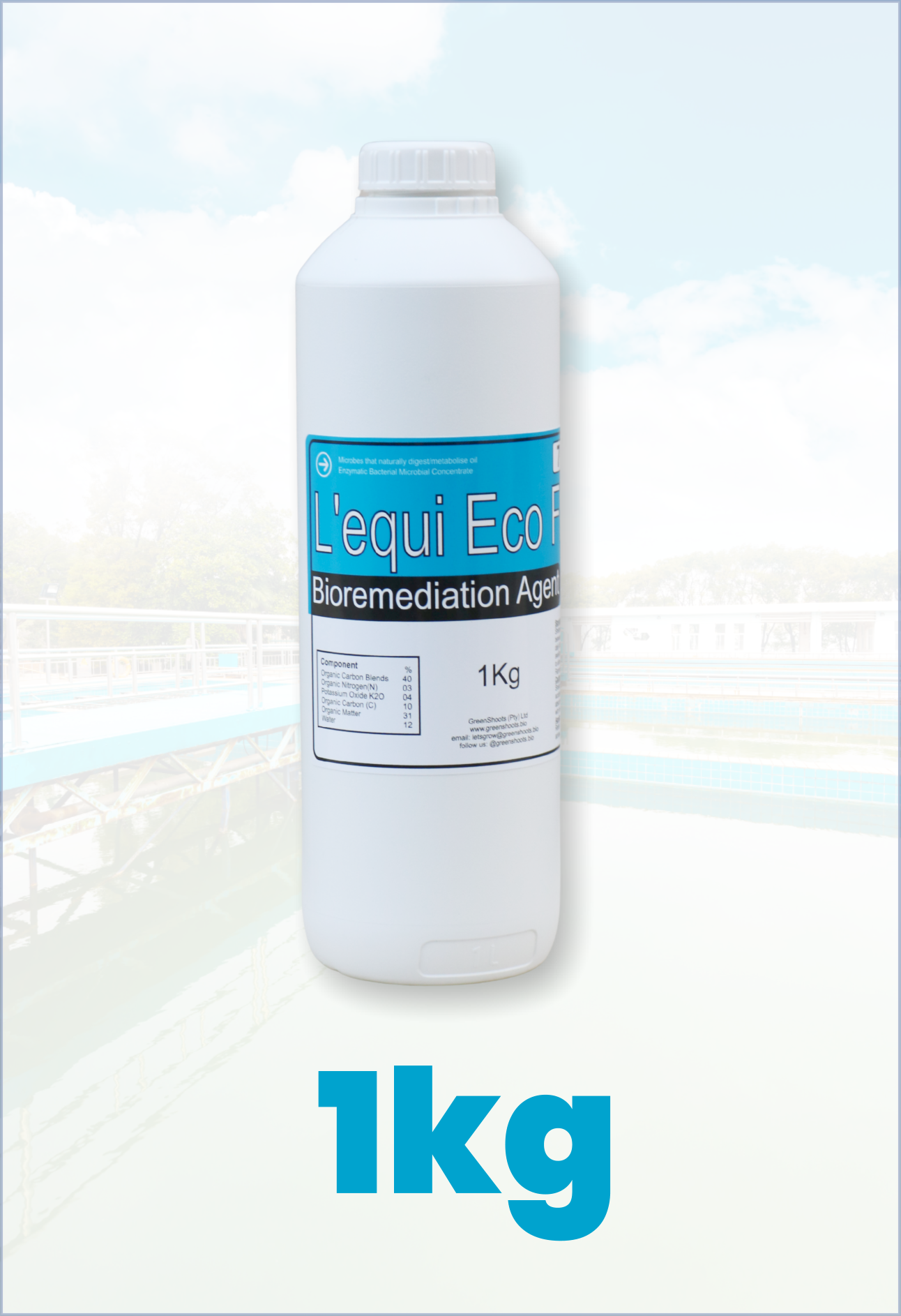 Bottle of L'equi EcoFlush Bioremediation Agent with a blue label on a white background