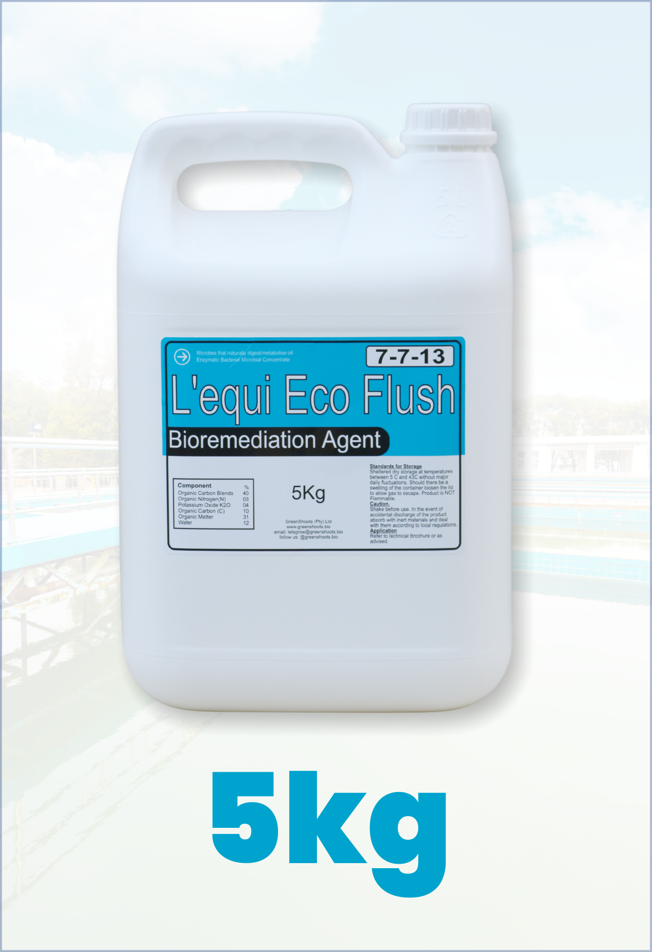 5kg container of L'equi EcoFlush Bioremediation Agent on a light blue background