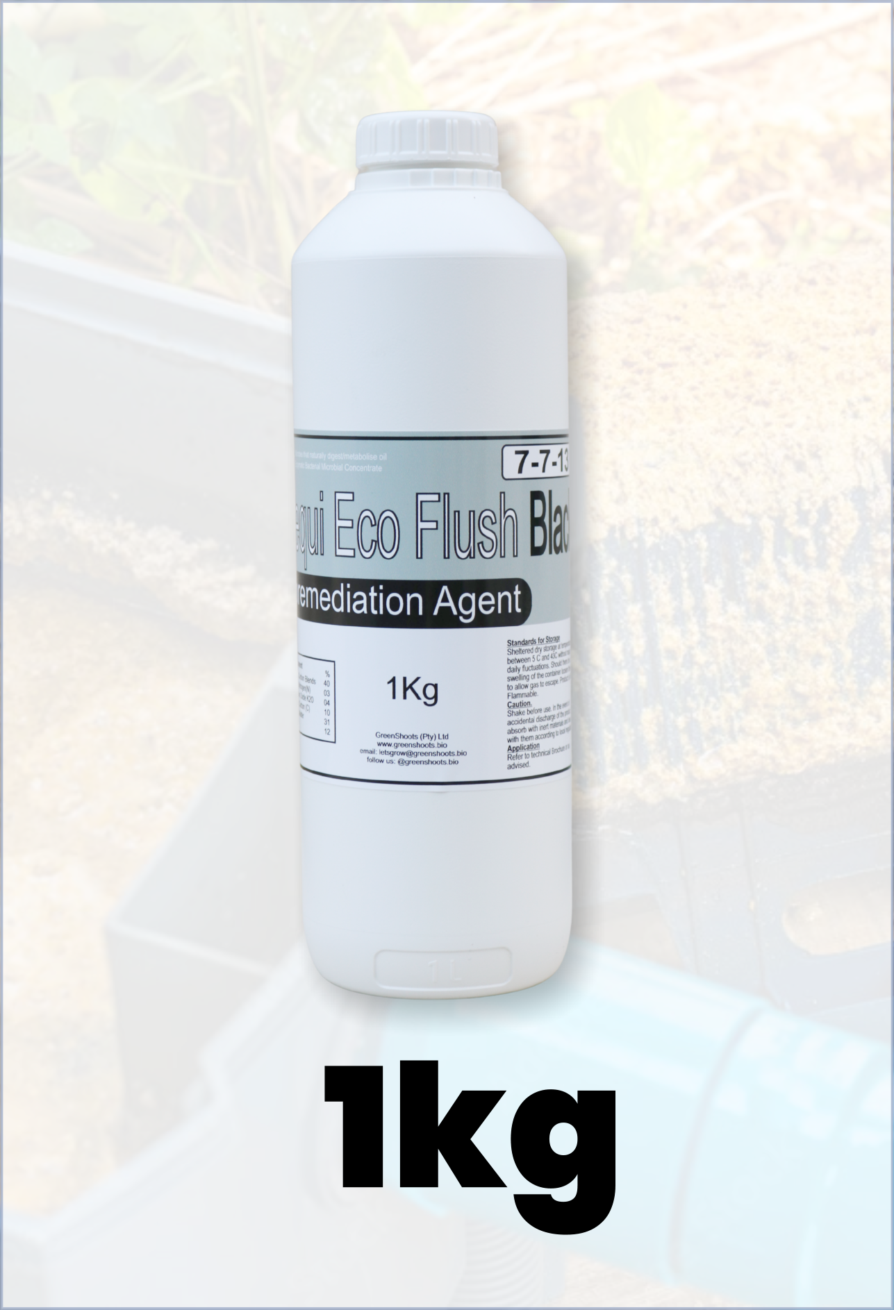 1kg bottle of EcoFlush Black Bioremediation agent on a white background
