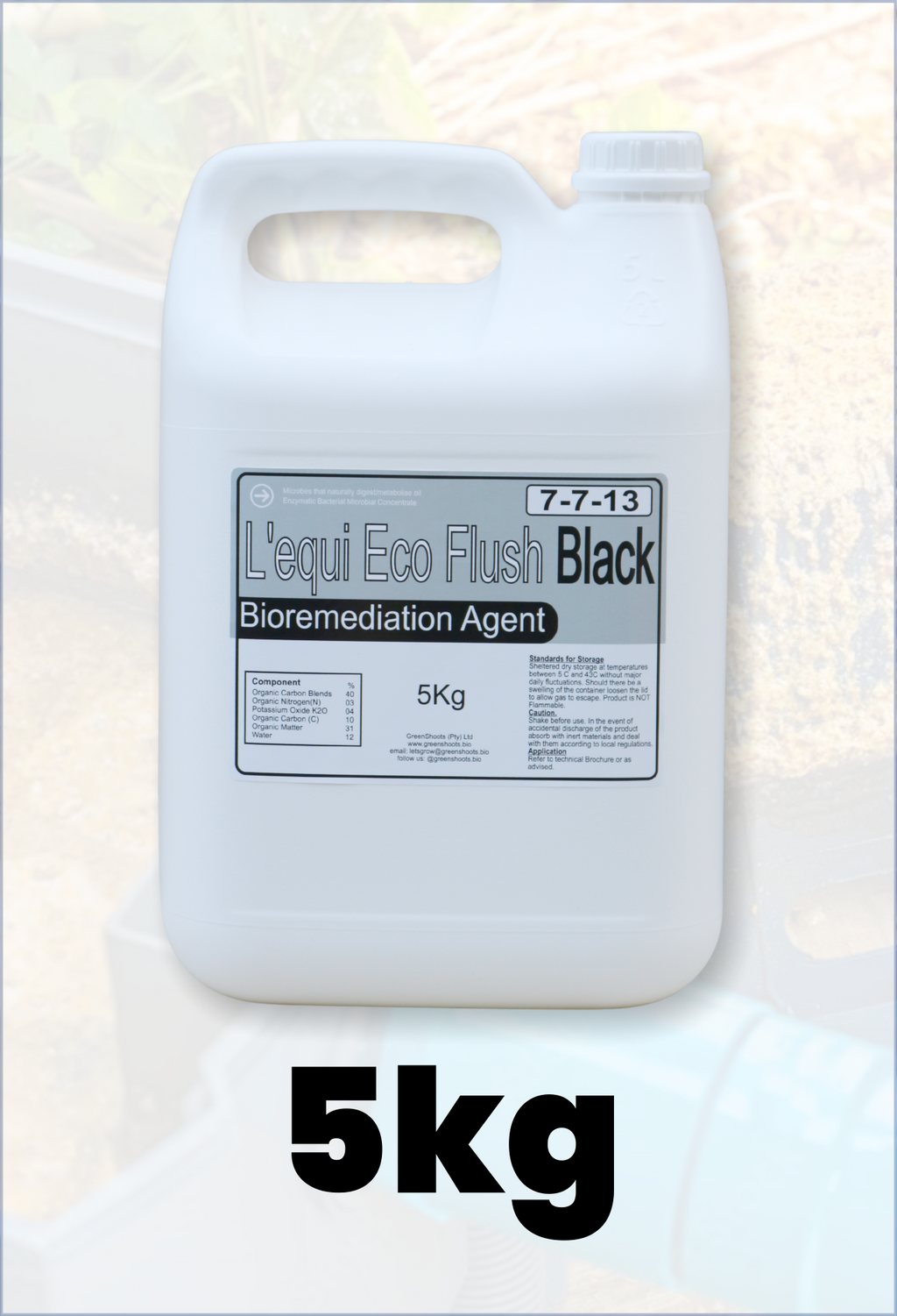 5kg container of L'equi EcoFlush Black Bioremediation Agent on a white background