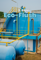 Industrial facility with blue tanks and yellow walkways, featuring the brand 'L'equi Eco-Flush'.