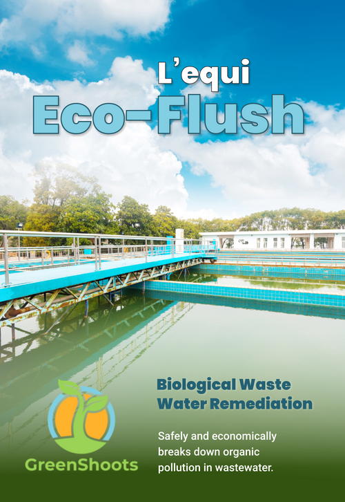 Advertisement for L'equi Eco-Flush biological waste water remediation system with a water treatment plant in the background.
