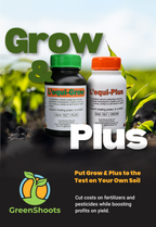 Two bottles of 'Lequi-Grow' and 'Lequi-Plus' biofertilizers with text promoting their use for soil health.