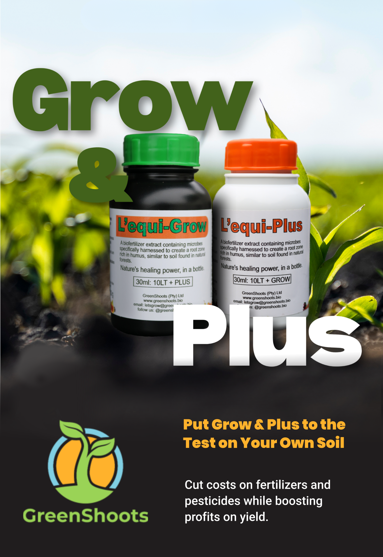 Two bottles of 'Lequi-Grow' and 'Lequi-Plus' biofertilizers with text promoting their use for soil health.