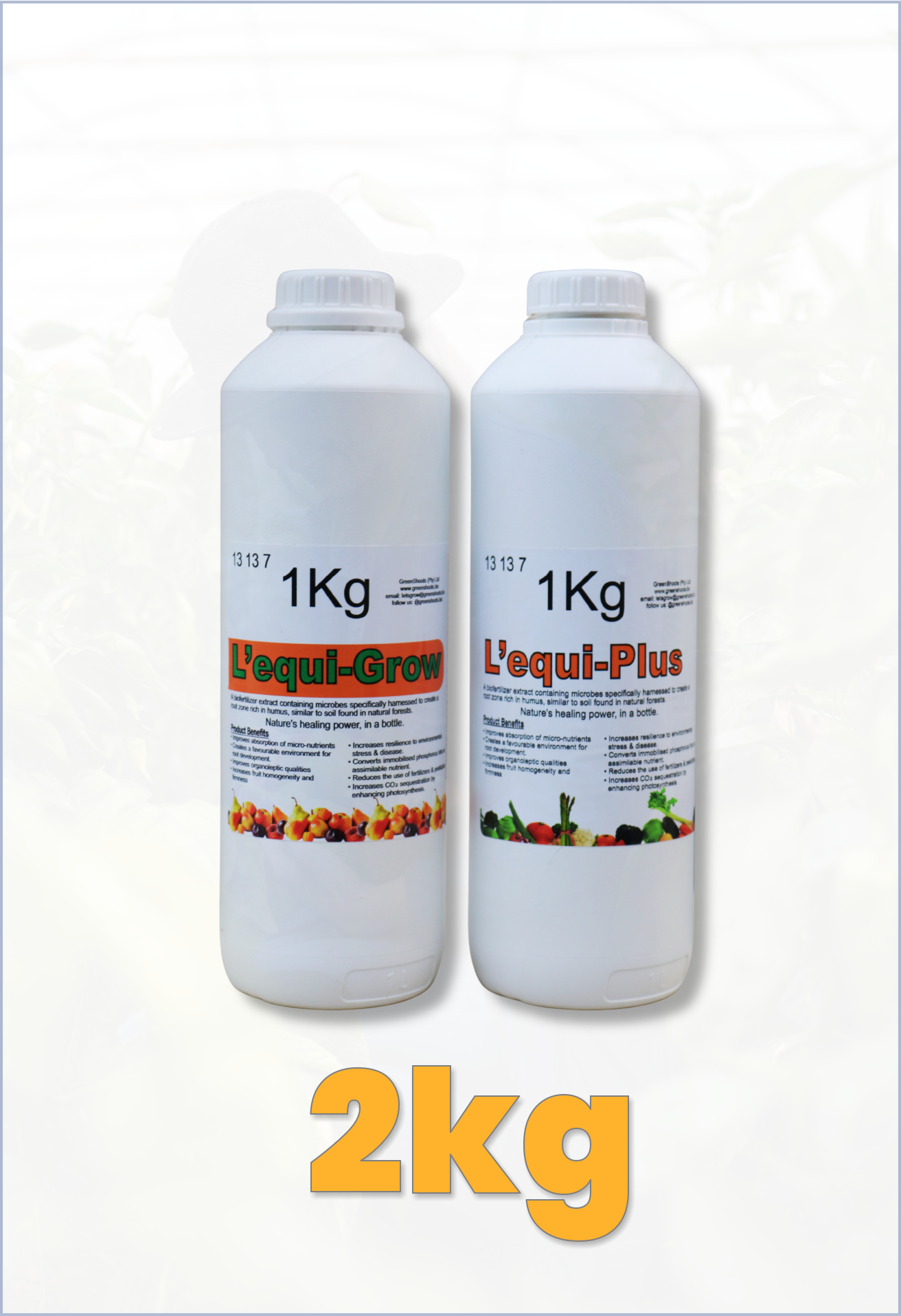 Two 1kg bottles of L'equi-Grow and L'equi-Plus on a white background with 2kg text