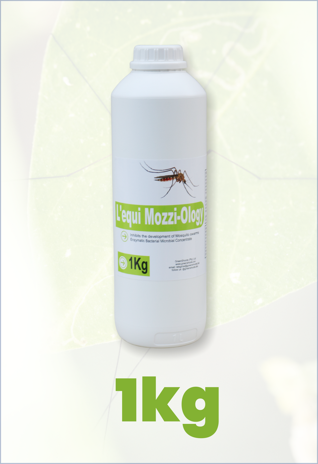 White bottle labeled 'L'equi Mozzi-Ology' with a mosquito illustration on a white background