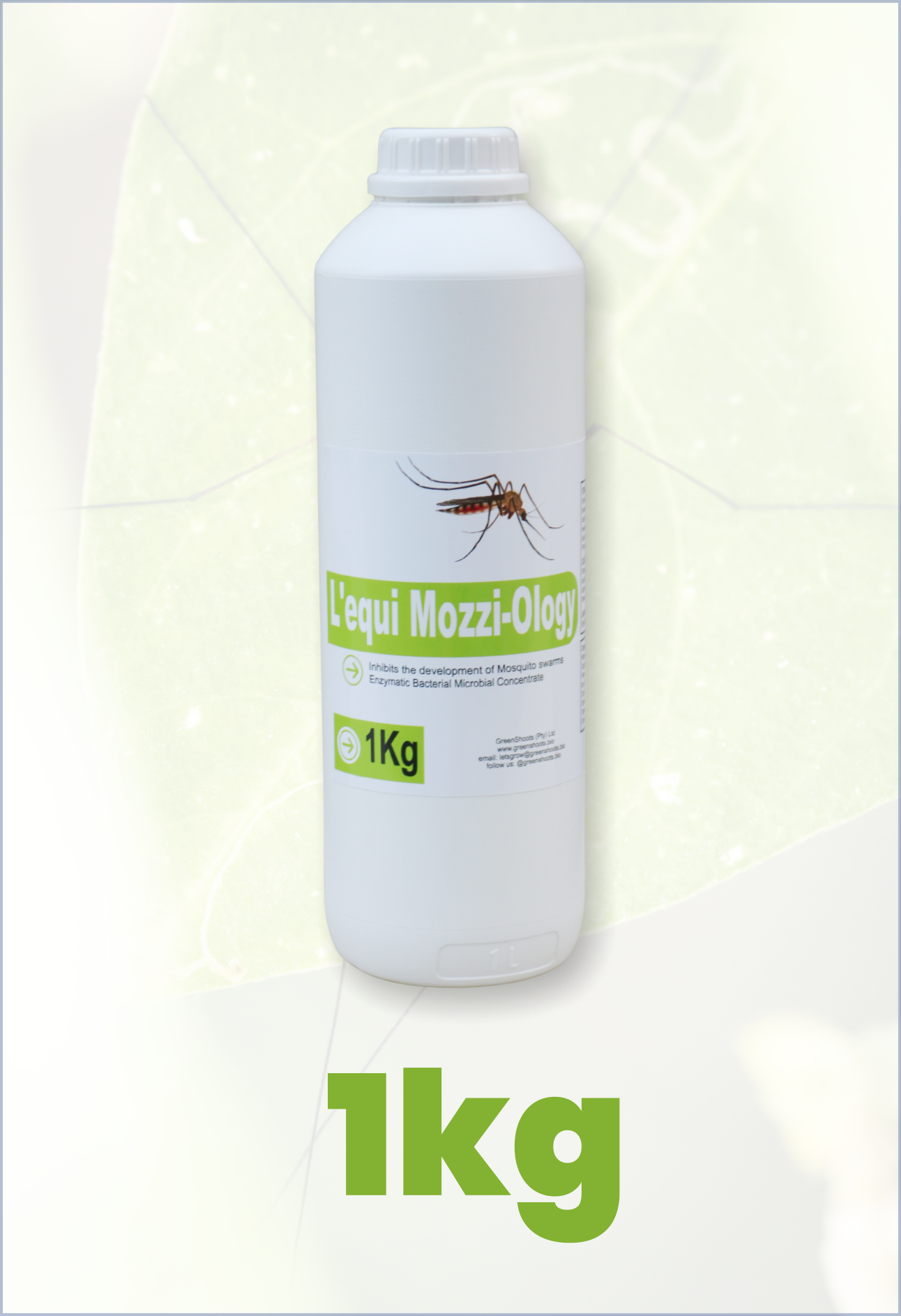 White bottle labeled 'L'equi Mozzi-Ology' with a mosquito illustration on a white background