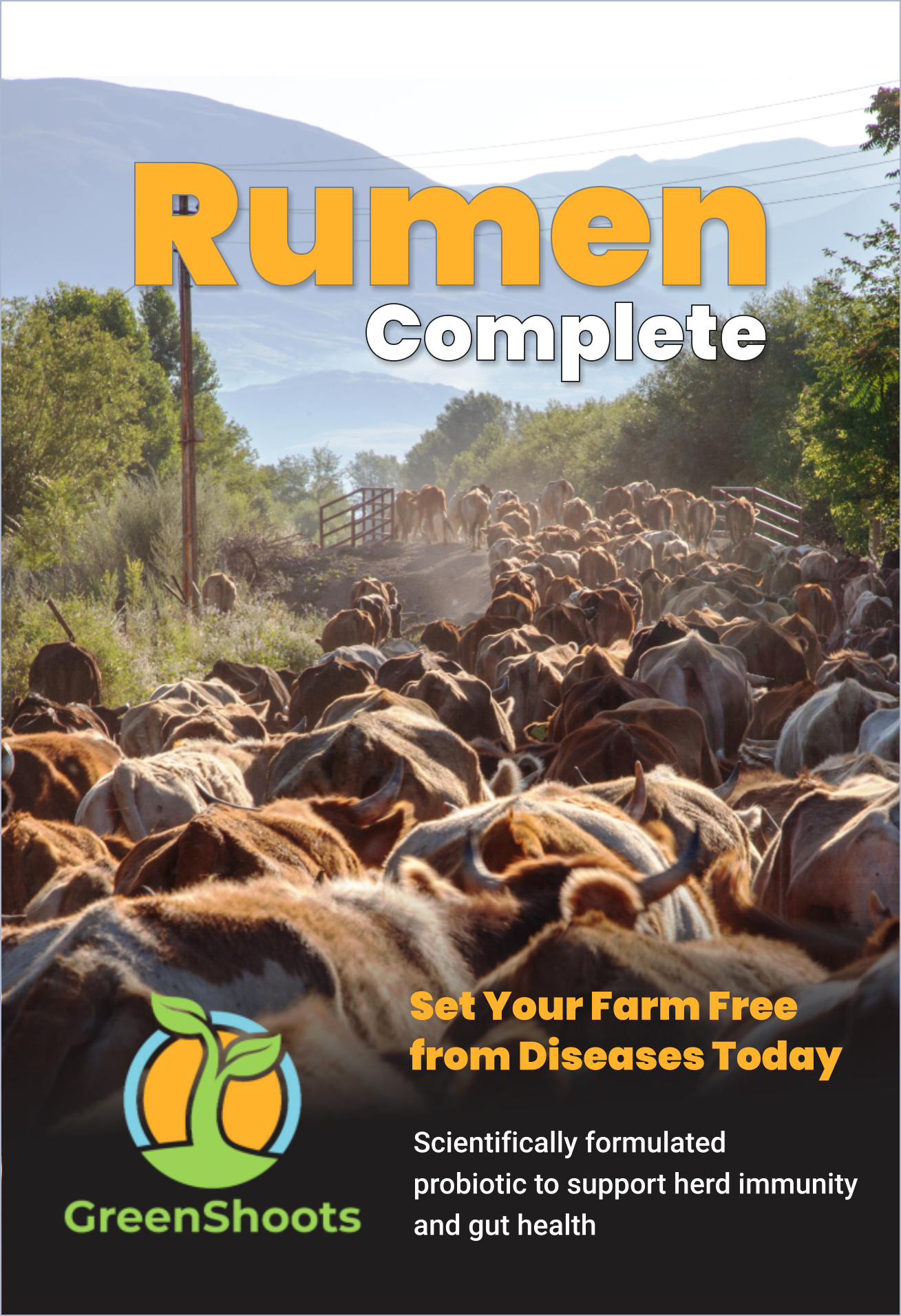 Advertisement for Rumen Complete Probiotic by GreenShoots Bio with a herd of cattle in a field.